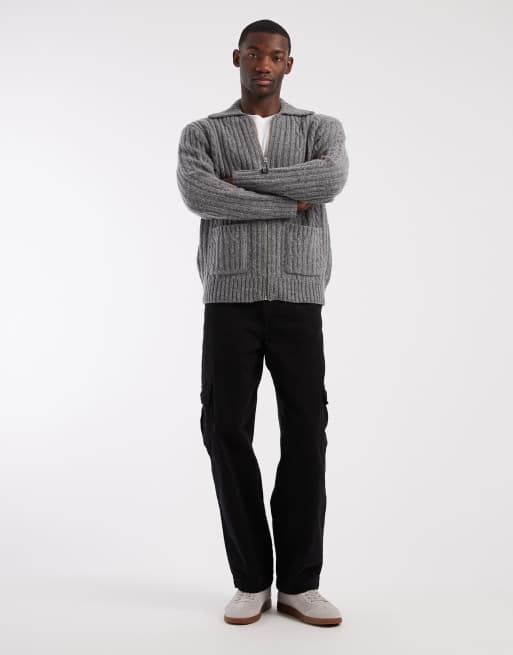 Levi's wool rich chunky knit zip through jumper in grey, 2 of 5