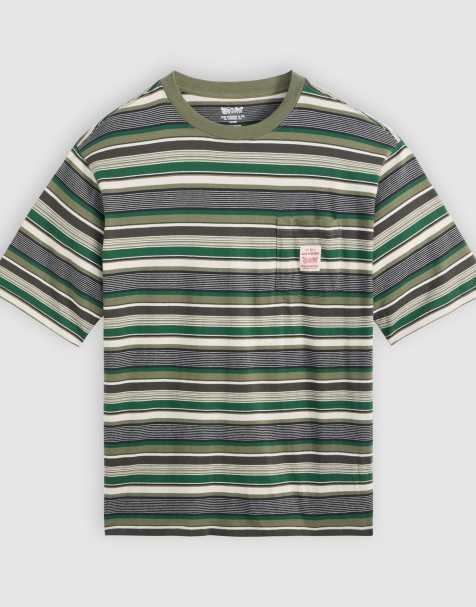 Levi's Workwear Capsule label logo pocket loose fit stripe t-shirt in dark green - view 1