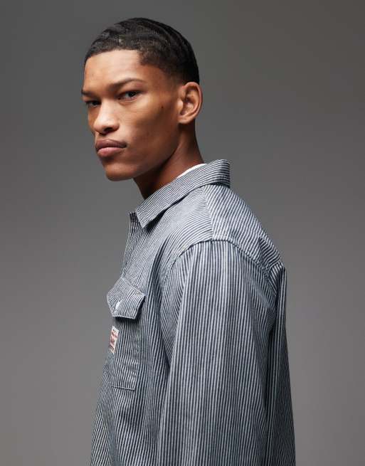 Levi's Workwear Capsule label logo stripe denim worker shirt in navy, 4 of 5