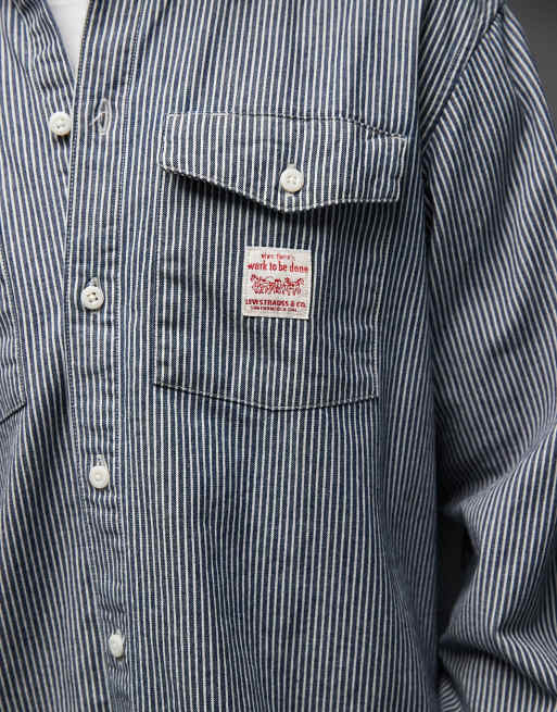 Levi's Workwear Capsule label logo stripe denim worker shirt in navy, 5 of 5