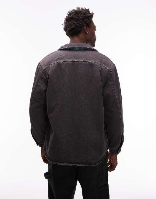 Levi's - Workwear Capsule - Omkeerbare shacket met geruite borg en denim in zwart met wassing, 3 van 5