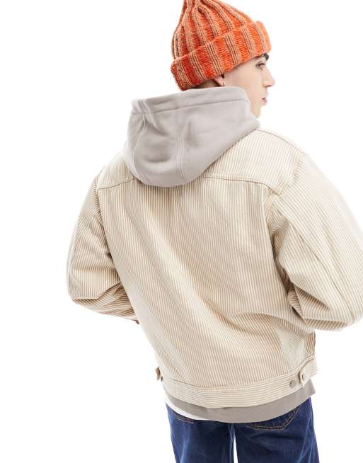 Levi's Workwear – Kremowa kurtka typu trucker w białe prążki z logo, 2 z 4