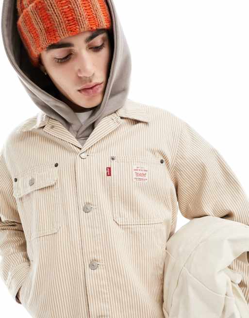 Levi's Workwear – Kremowa kurtka typu trucker w białe prążki z logo, 3 z 4