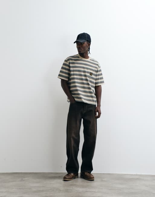 Levi's Workwear T-shirt w paski z kieszonką w kolorze zielonym, 5 z 5