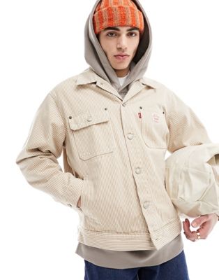 Levi's Workwear trucker jacket in cream white pinstripe with logo