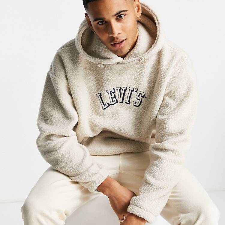 Levi's x ASOS exclusive poler fleece hoodie with collegiate logo in cream |  ASOS