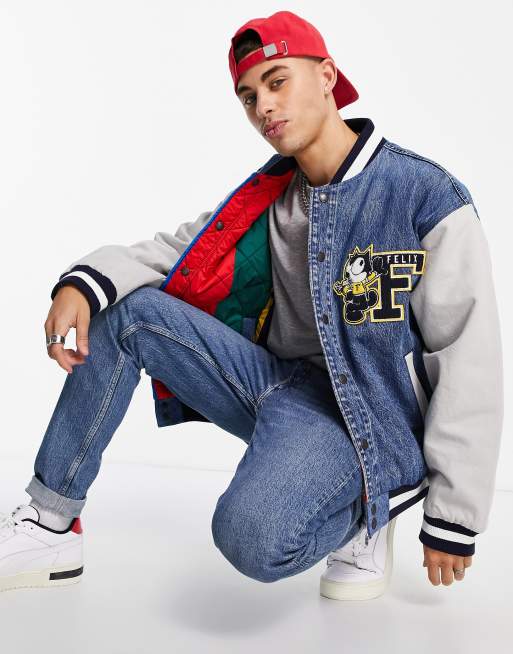 Levi s x felix the cat capsule letterman varsity jacket in denim with back logo