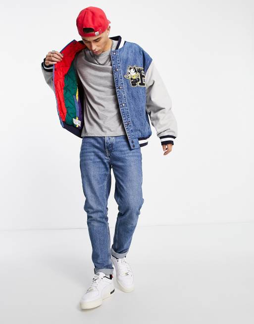 Levi's x felix the cat capsule letterman varsity jacket in denim with back  logo | ASOS