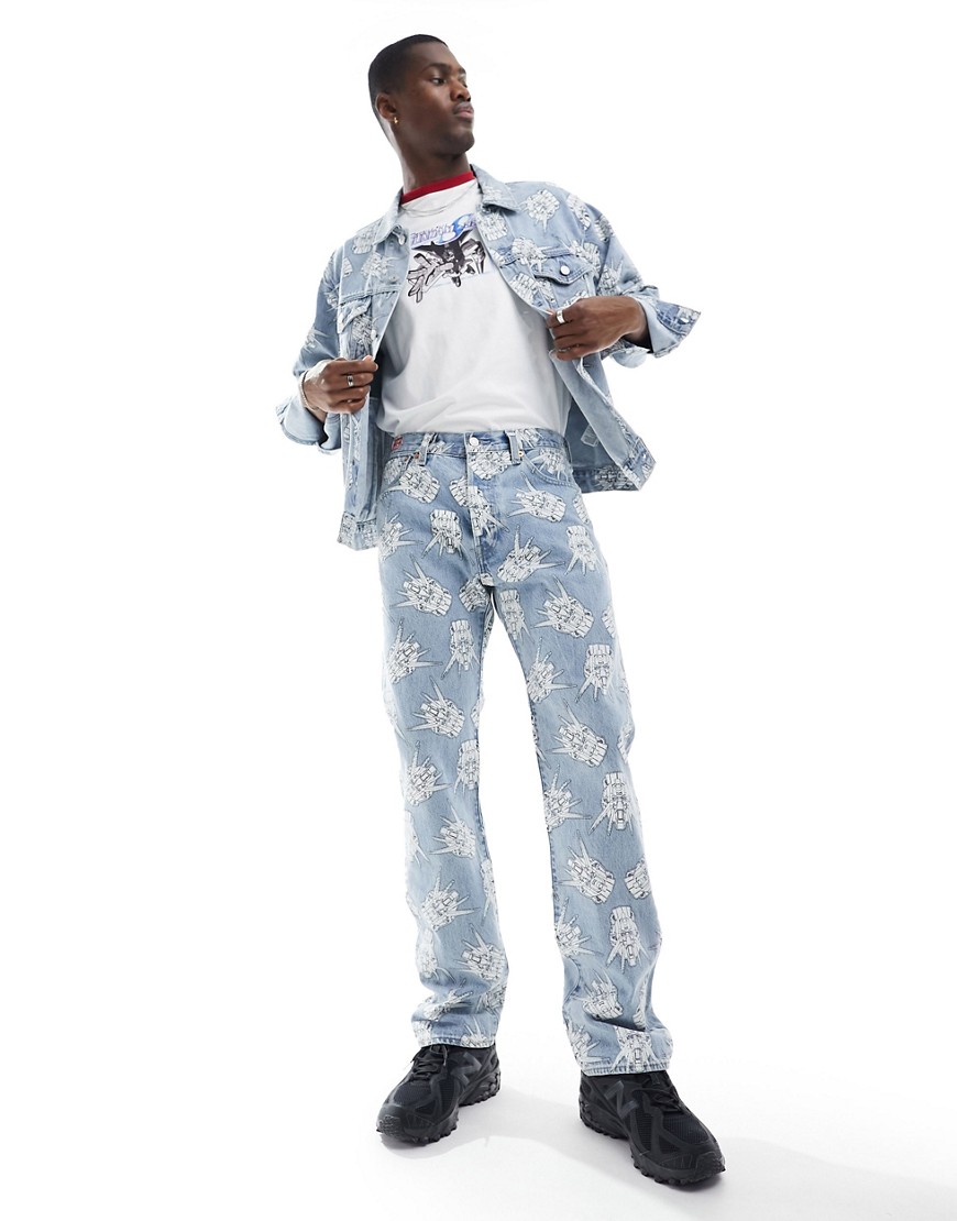 Levi's X Gundam collab 93' 501 starfighter all over print straight fit jeans in light wash-Blue
