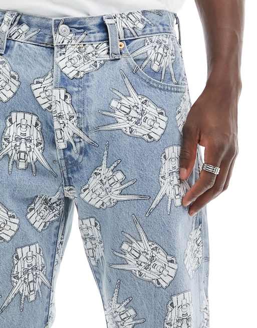 Levi's X Gundam collab 93' 501 starfighter all over print straight fit jeans in light wash, 3 of 5