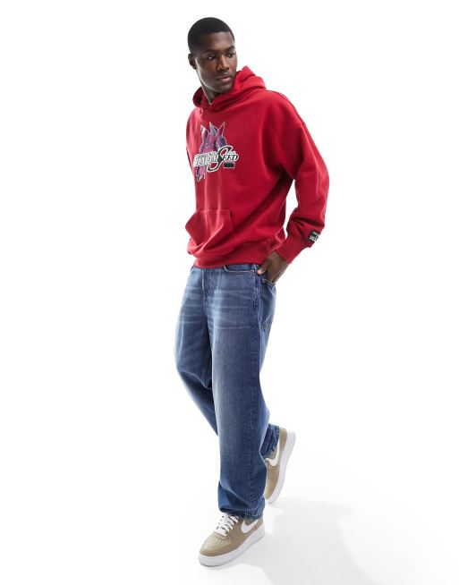 Red hoodie blue store jeans