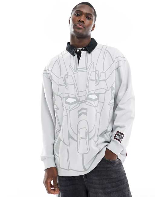 Levi's X Gundam Collab - Lysegrå, firkantet og langærmet rygby-polo med denimkrave og 