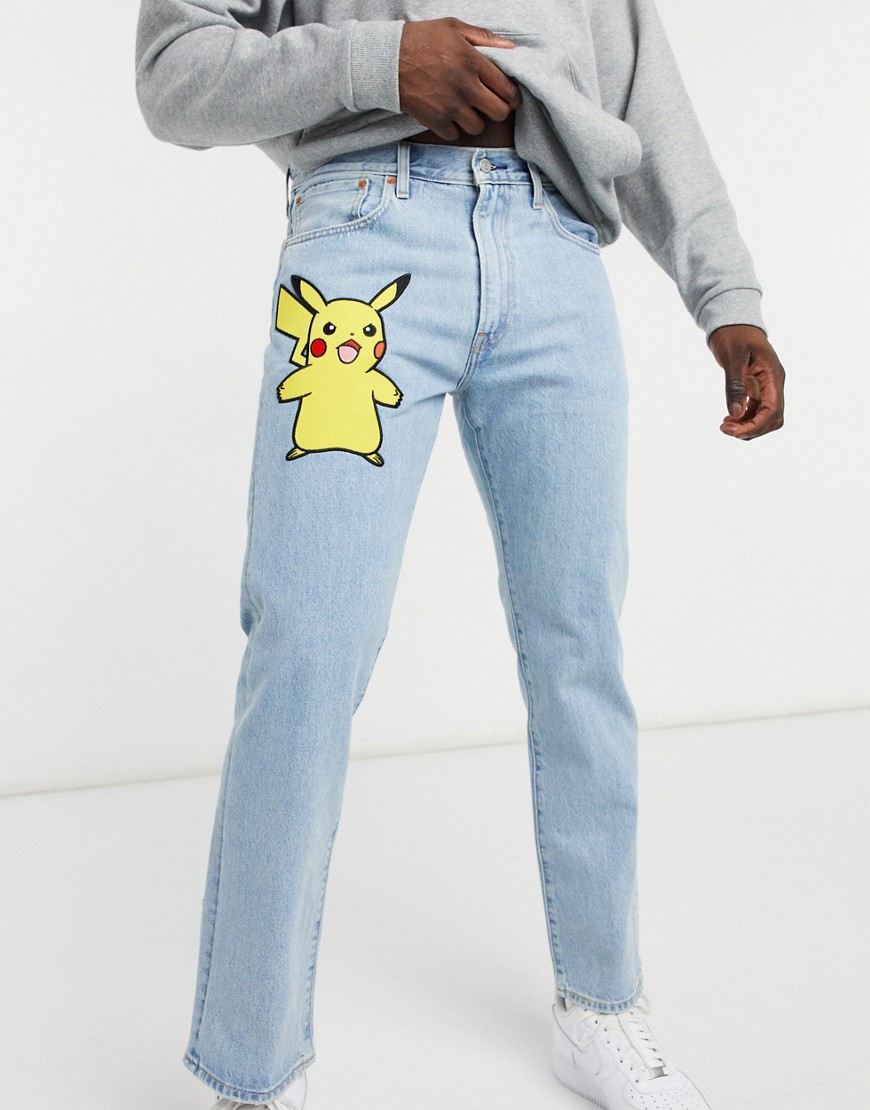 Levi's x Pokemon 551z Authentic – Stentvättade raka jeans med Pikachu-tryck-Blå