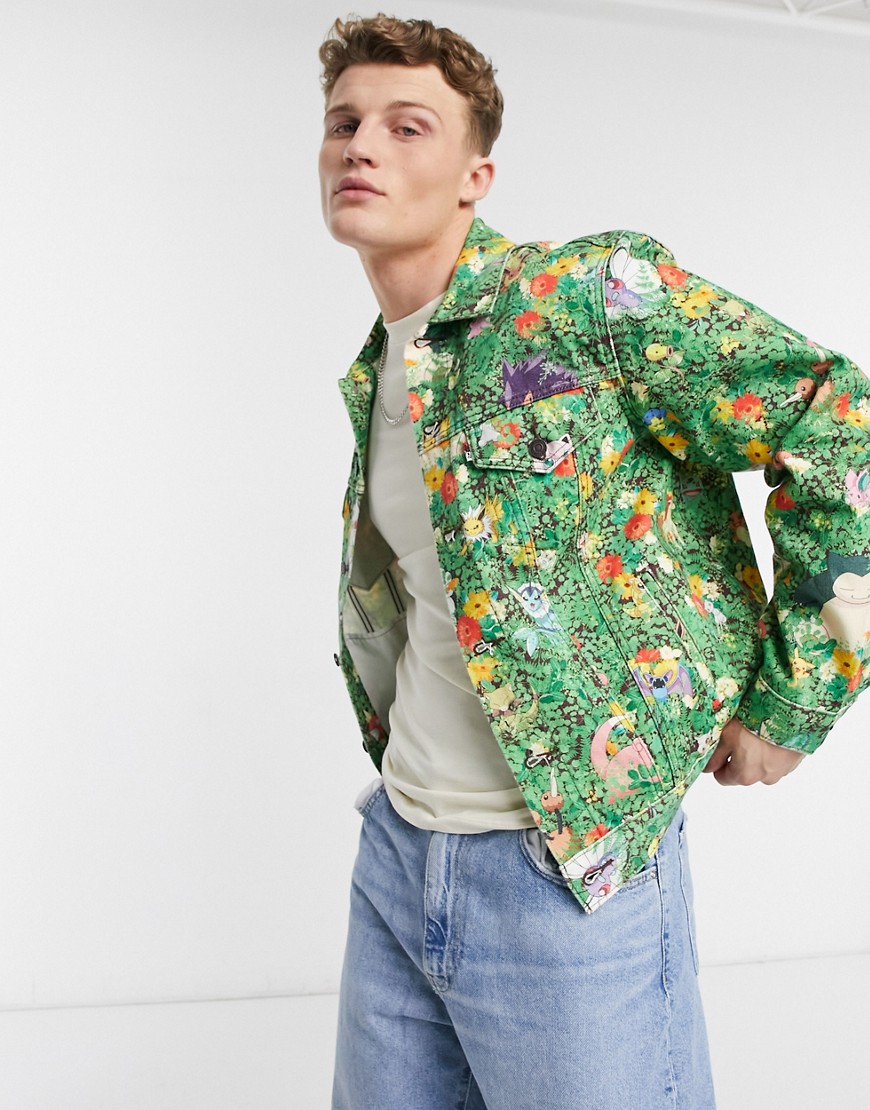 Levi's x Pokemon vintage fit all over garden print denim trucker jacket in mid wash-Green