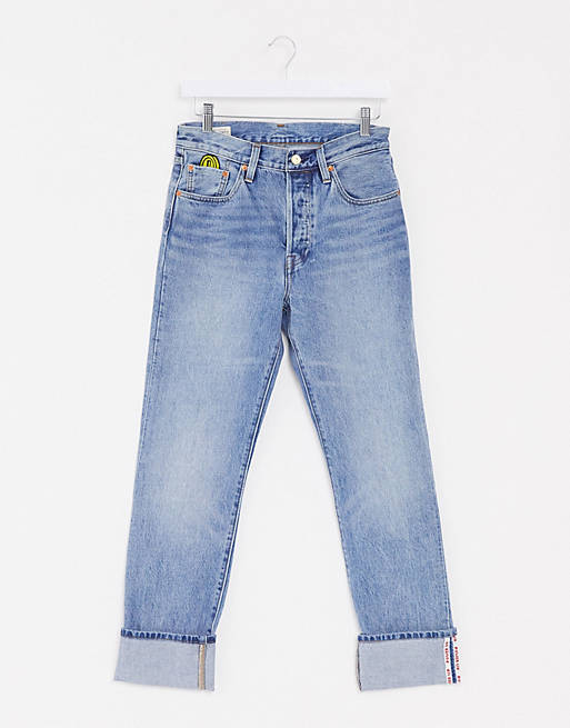Levi's X Super Mario 501 crop selvedge jeans in midwash blue | ASOS