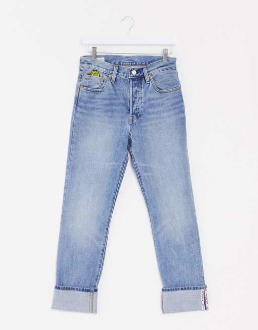 Levi's X Super Mario 501 crop selvedge jeans in midwash blue | ASOS