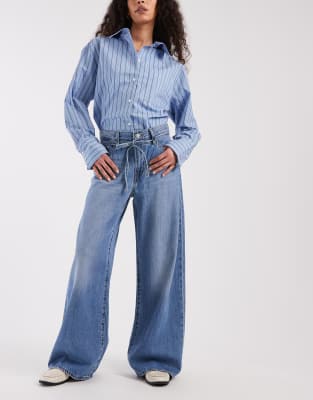 XL - Jean droit ample à taille nouée - Bleu moyen W25 L31