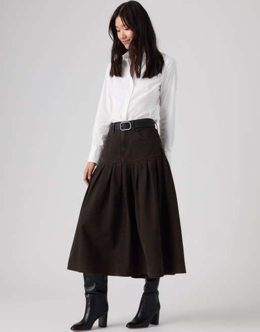 Levi's Yoked pleated maxi denim skirt in brown, 3 of 4