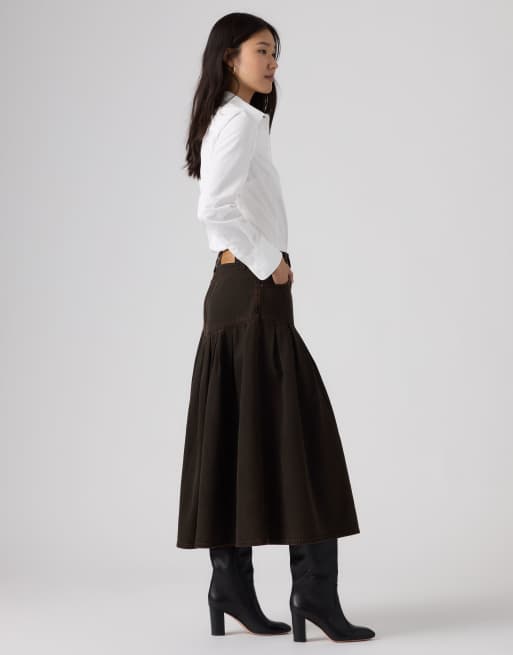 Levi's Yoked pleated maxi denim skirt in brown, 4 of 4