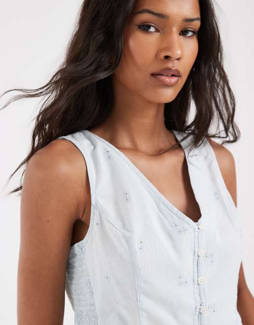 Levi's – Zapinany na guziki jasnoniebieski top z falbanką u dołu, 4 z 4
