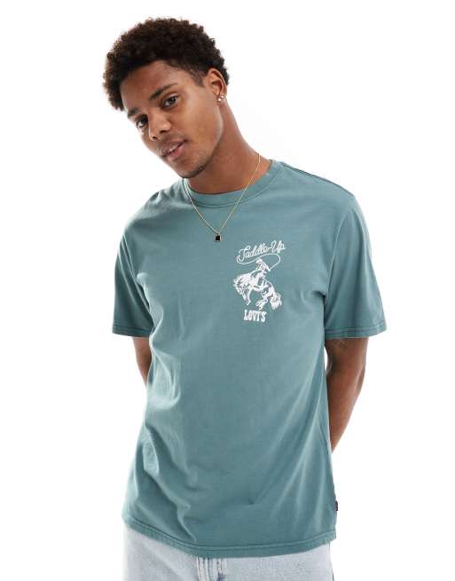 Levi's – Zielony, luźny T-shirt z logo z napisem „Saddle up