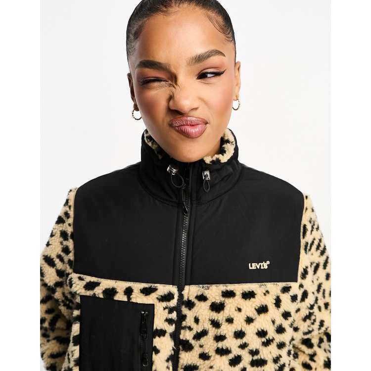 Levi s Zip thru sherpa jacket in leopard print with logo