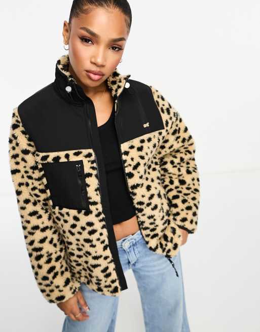 Levi s Zip thru sherpa jacket in leopard print with logo