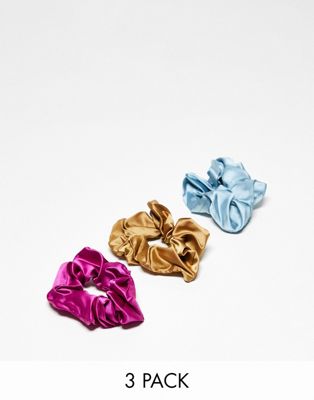 Liars and Lovers 3 pack satin scrunchies in brown, pink and blue