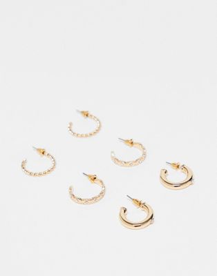 Liars and Lovers 3 pack textured rhinestone hoop earrings in gold