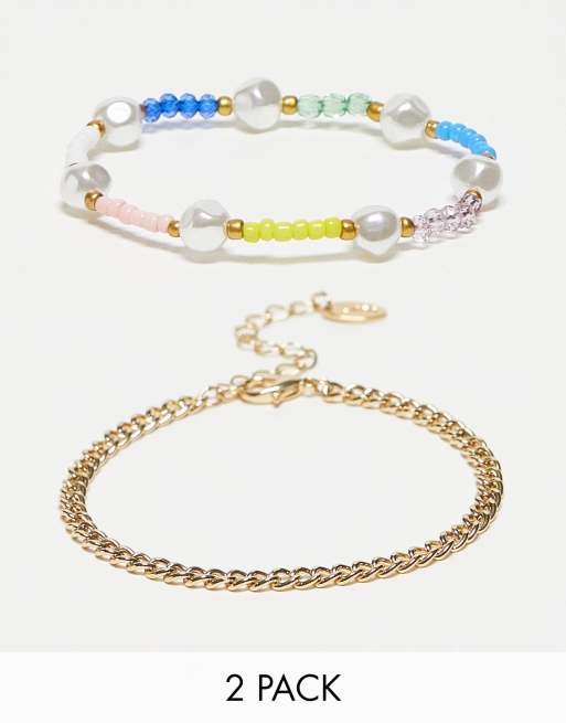 Liars and Lovers - Set van 2 schakelarmbanden met kralen in goud en multi