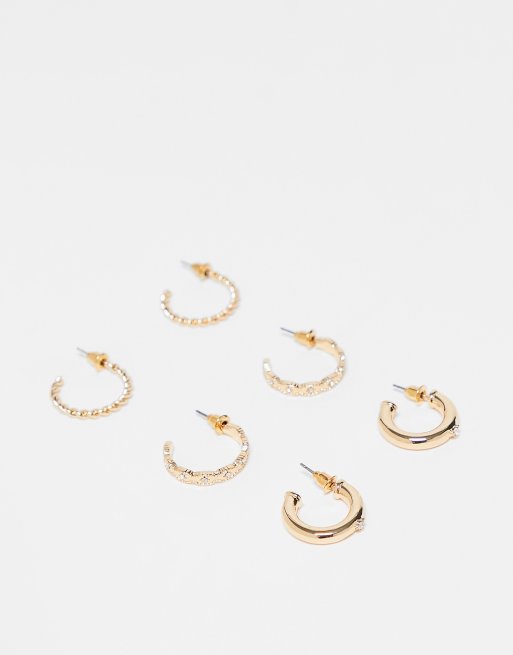 Liars & Lovers – 3er-Pack goldfarbene Creolen mit Strass oder Textur