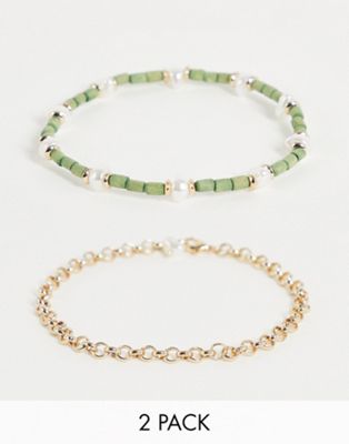 Liars & Lovers bead and pearl 2 x anklets multipack in gold and green