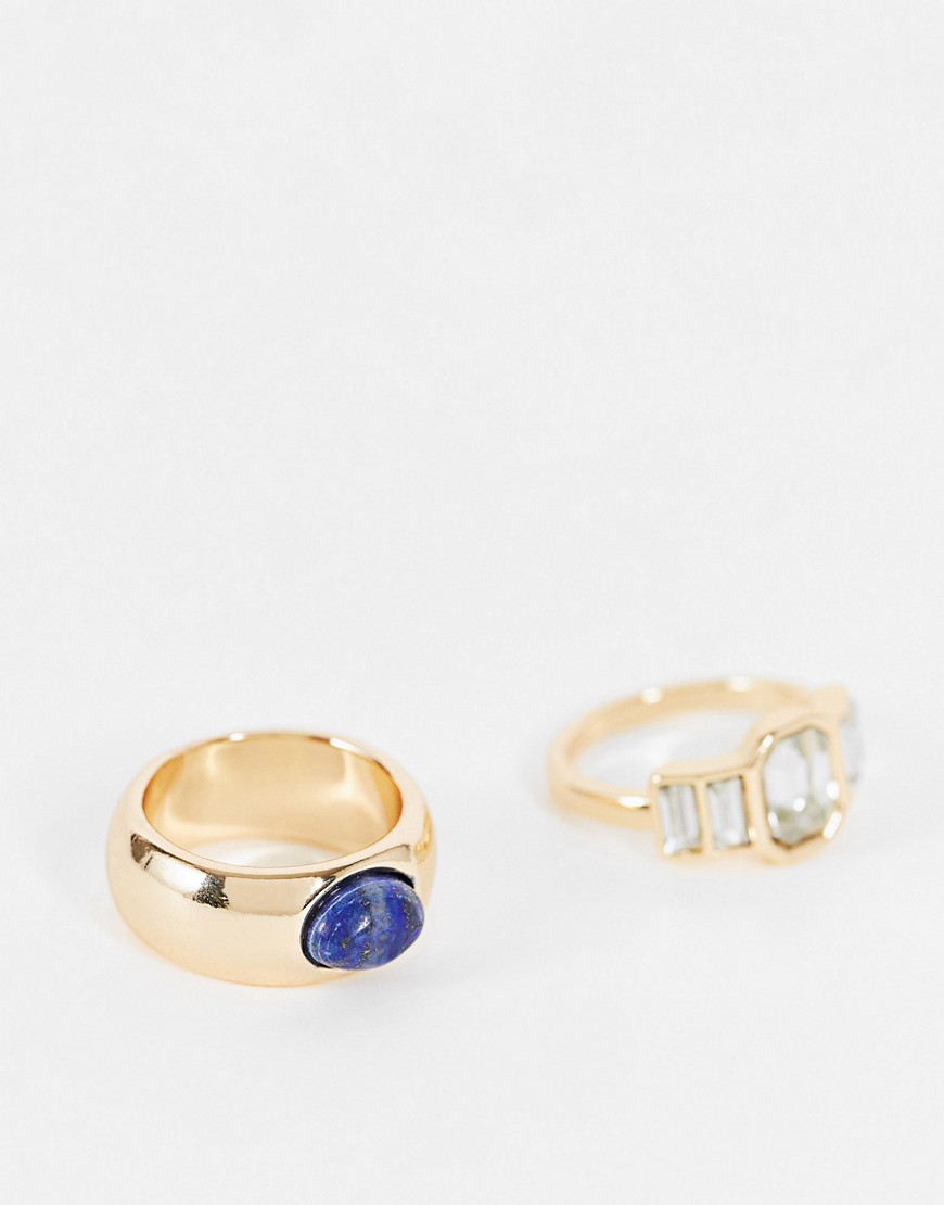 Liars & Lovers blue jelly stone and crystal 2 x multipack rings in gold