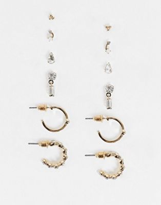Liars & Lovers crystal 6 x huggy hoop and stud earrings multipack in gold