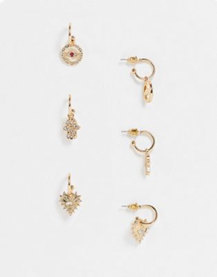 Liars & Lovers crystal hand and eye 3 x earring multipack in gold