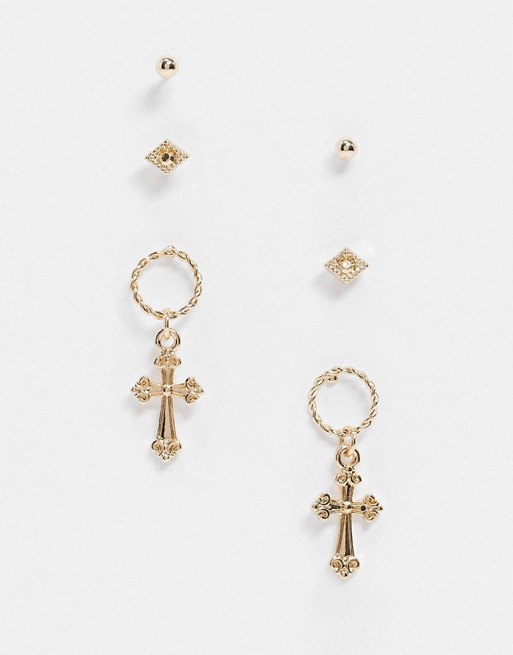Liars & Lovers earrings multipack x 3 with studs and cross hoops in gold