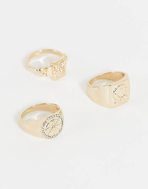 Liars & Lovers engraved sun and moon 3 x signet rings multipack in gold
