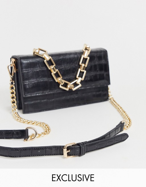 Liars & Lovers exclusive black croc shoulder bag with chunky gold chain straps | ASOS