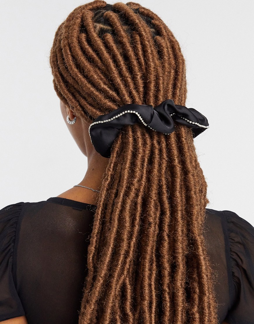 Liars & Lovers hair scrunchie in black satin with rhinestone trim