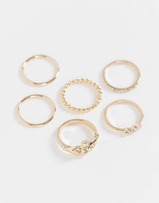 Liars & Lovers heart and chain 6 x multipack rings in gold