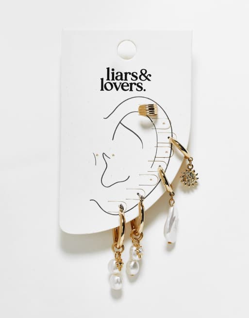 Liars & Lovers - Lot de 5 créoles ornées de perles et soleil - Doré