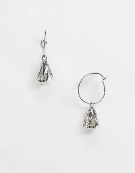 Liars & Lovers mini hoop earrings in silver with floral drop charm - view 1