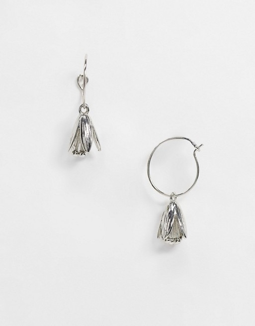 Liars & Lovers mini hoop earrings in silver with floral drop charm