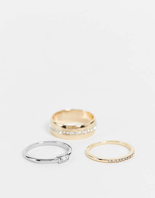 Liars & Lovers mixed metal and crystal 3 x rings multipack in gold and silver
