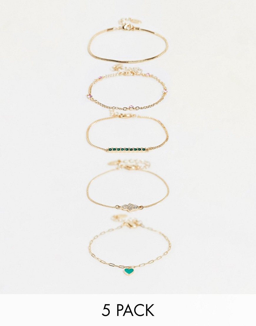 Liars & Lovers Mixed Stone And Chain 5 X Bracelets Multipack In Gold