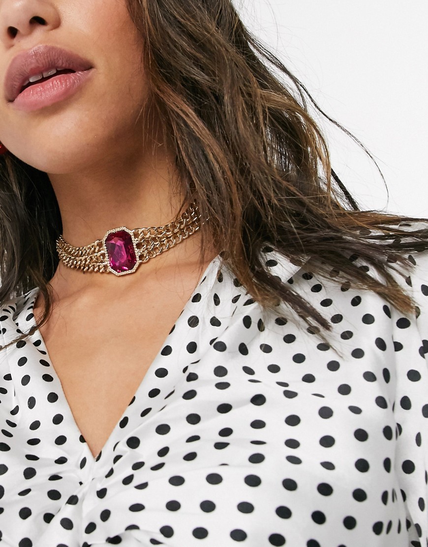 Liars & Lovers multi row choker necklace with pink embellishment in gold