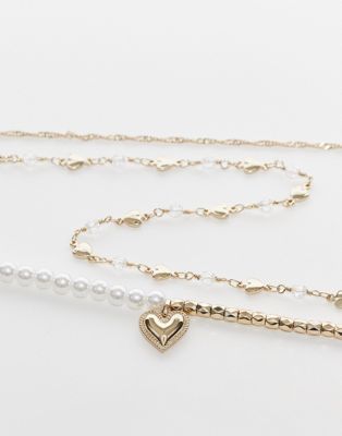 Liars & Lovers multipack pearl and charm choker necklaces in gold tone