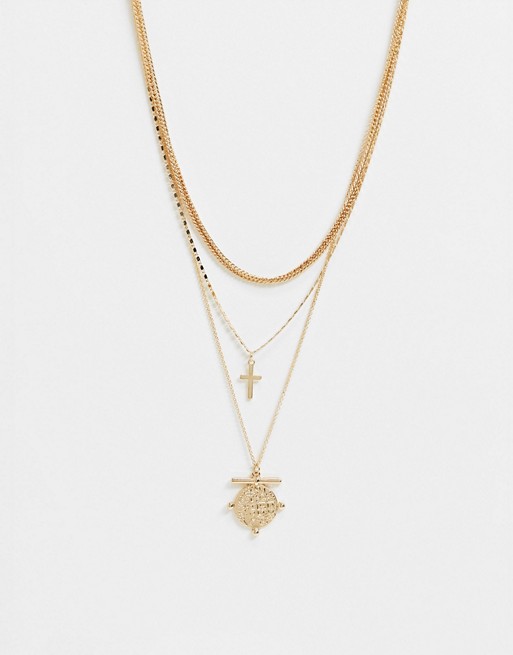 Liars & Lovers multirow necklace in gold with cross and coin pendant