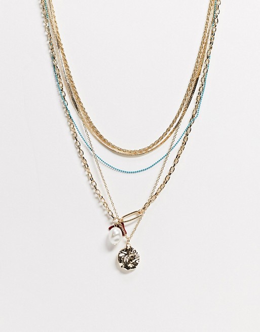 Liars & Lovers multirow necklace with pearl and coin pendants in gold