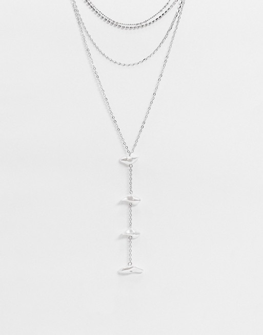 Liars & Lovers multirow lariat necklace with pearl drop pendant in silver